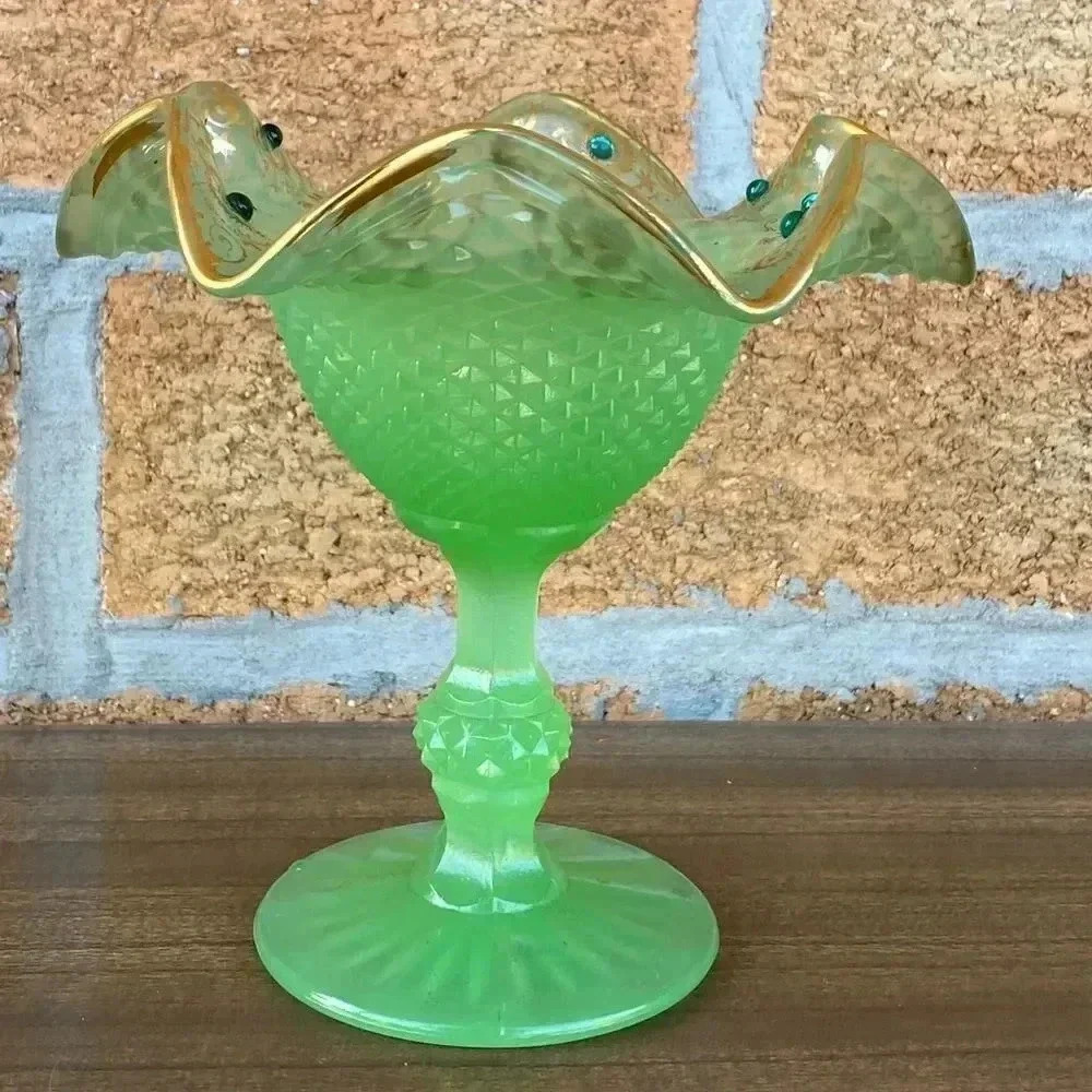 1950s vintage jadite green glass candy dish w/